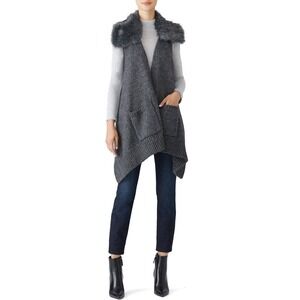 Kaufmanfranco Gray Merino‎ Wool Blend Knit Vest Faux Fur Collar Pockets Size L